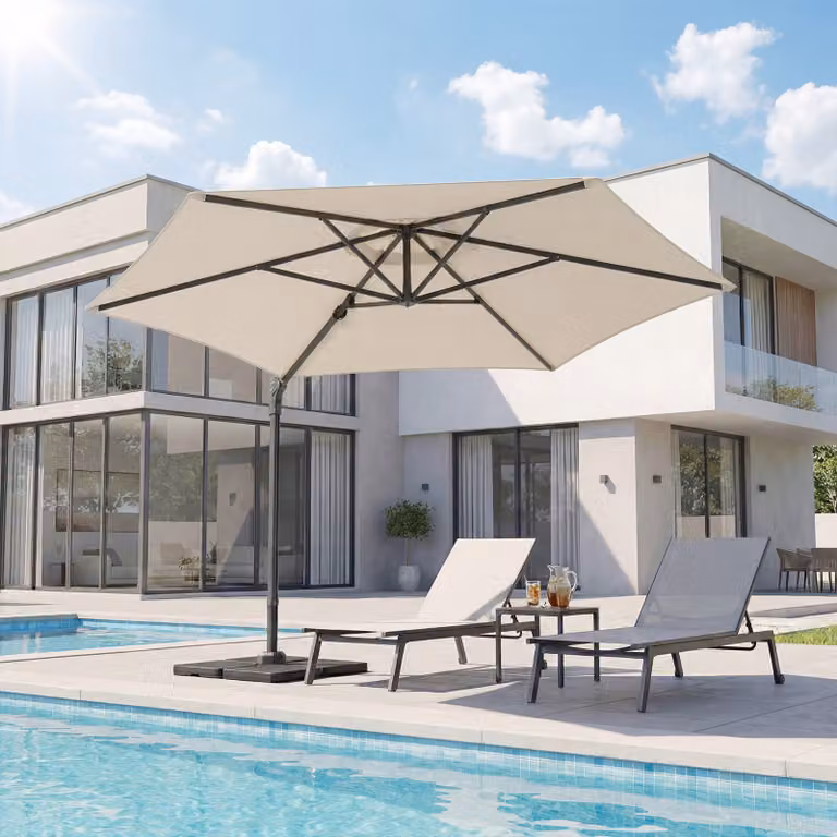 Ombrellone da giardino decentrato Costway Beige con manovella, base a croce e sacco di sabbia, diametro 300 cm