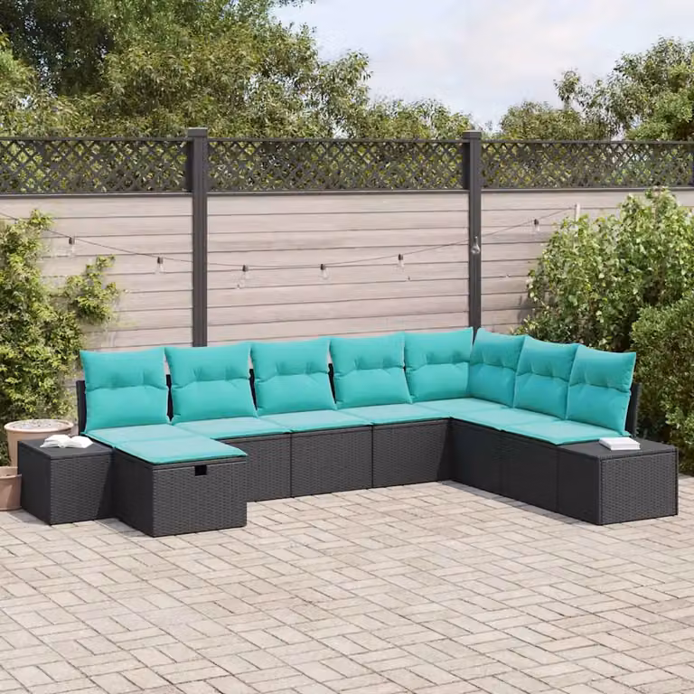 Set Divano da Giardino vidaXL 8 pz a Forma a L con Ottoman, Colore Nero e Turchese, Struttura in Metallo e Polyrattan Resistente alle Intemperie