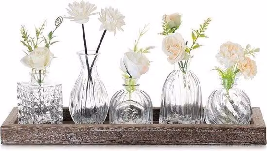 Set elegante di vasi in vetro con base in legno, composto da 5 pezzi, ideale per il soggiorno, l'ufficio e le cerimonie, perfetto come decorazione per la tavola e come regalo di compleanno
