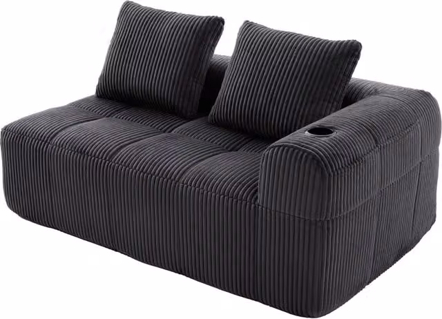 Divano a due posti in corduroy con portabevande integrato e tasche laterali, dimensioni 158x93x61 cm, colore neutro