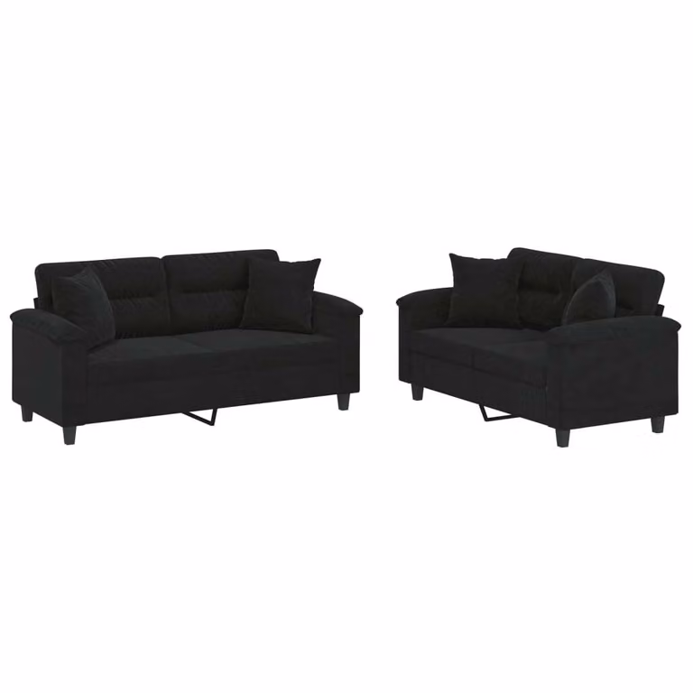 Set Divani 2 pz con Cuscini Nero in Tessuto Microfibra