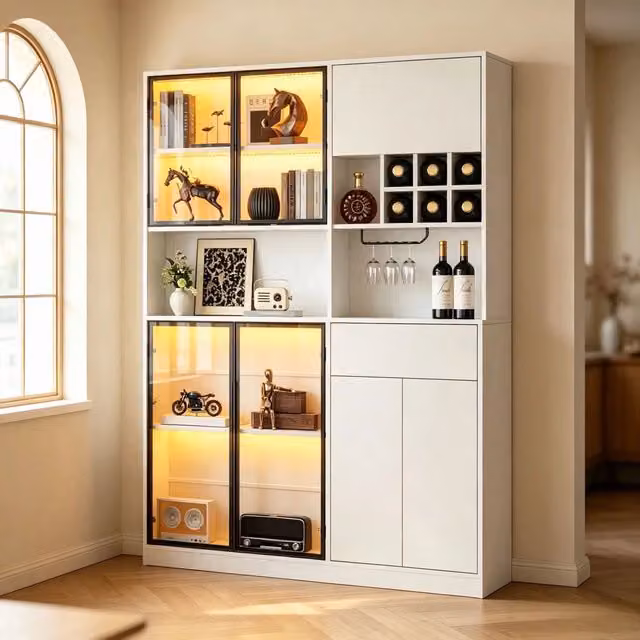 Vetrina soggiorno bianca 140x200 cm con 7 ante; mobile bar con portabicchieri e luci LED Bluetooth