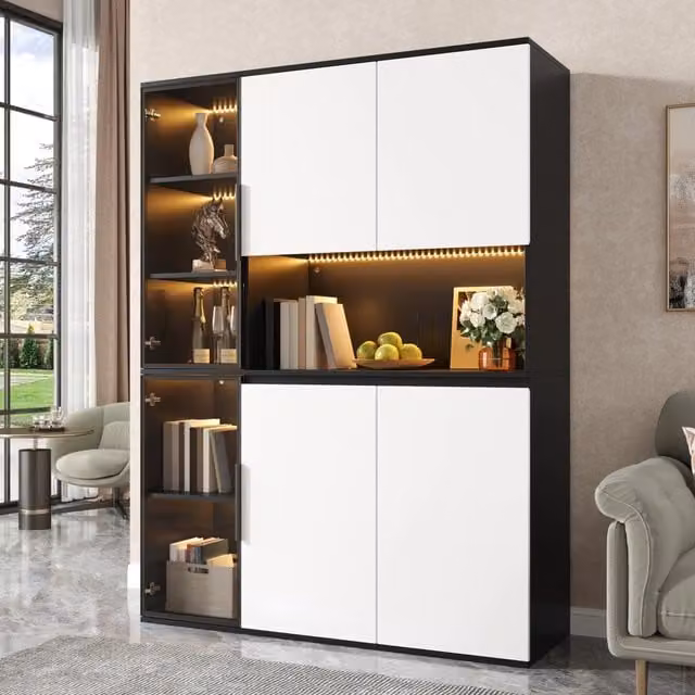 Vetrina moderna con elementi in vetro e LED integrati, struttura MDF, bianco e nero, 120x40x160 cm