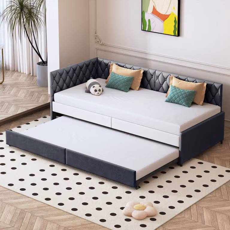 Letto imbottito ProximaX 90 x 200 cm, letto funzionale, letto per bambini, letto da giorno, divano letto estraibile con 1 letto estraibile, per il soggiorno, in tessuto di velluto (grigio)