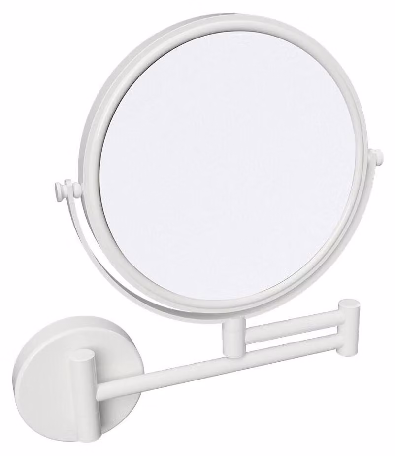 Specchio cosmetico sospeso X-ROUND WHITE, diam. 200 mm, bifacciale, bianco opaco