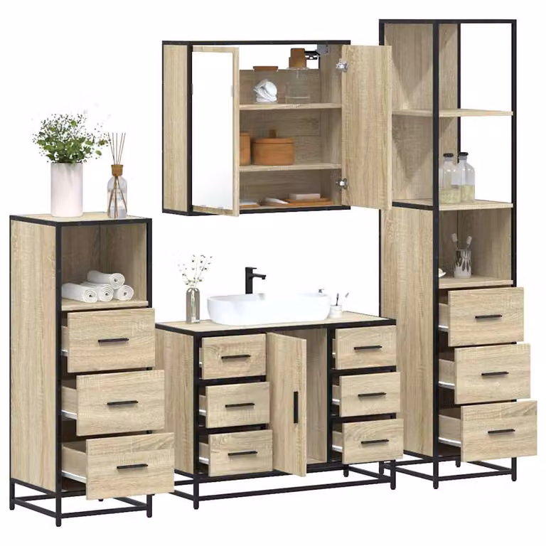 Set di mobili da bagno industrial vidaXL 4 pezzi in legno e metallo marrone con armadietto specchio, mobile lavabo, mobile laterale e colonna alta