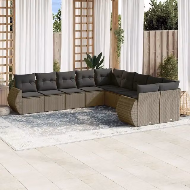 Set Divano Giardino 10 pz con Cuscini Grigio Chiaro Polyrattan 3254249