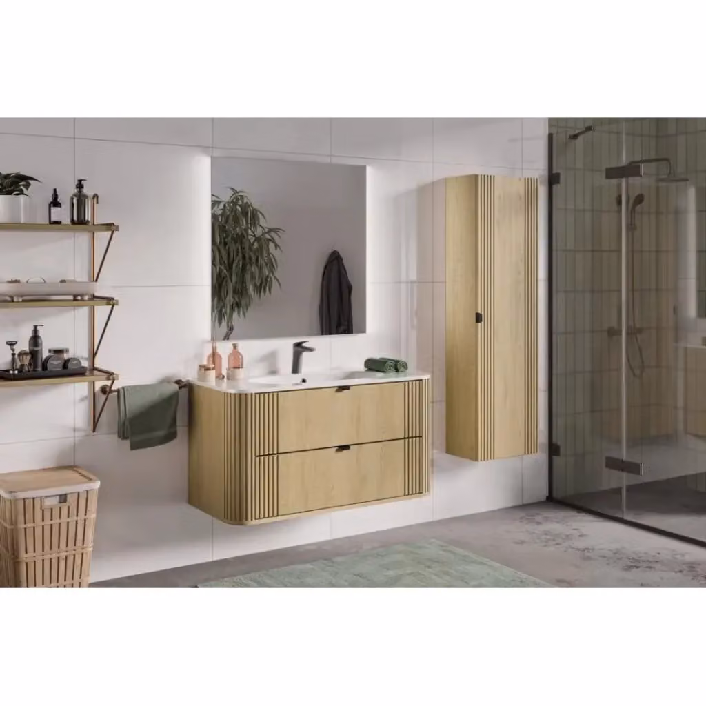 Set da bagno KORI Meublorama composto da mobiletto sottolavabo, lavabo da incasso e colonna contenitore in legno e MDF, colore marrone e beige – 2