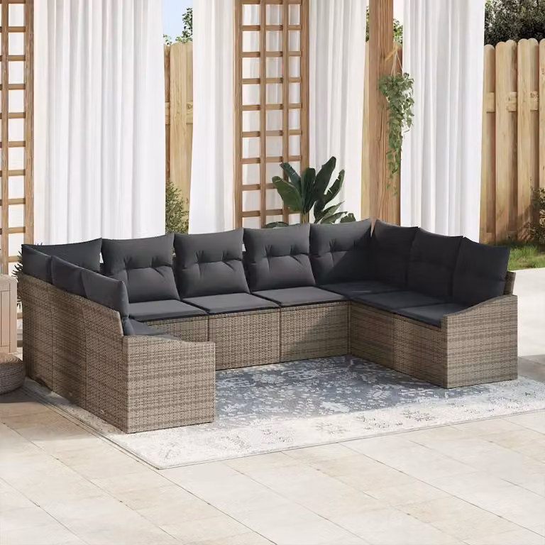 Set di divani da giardino vidaXL in polyrattan grigio con cuscini inclusi e struttura in metallo