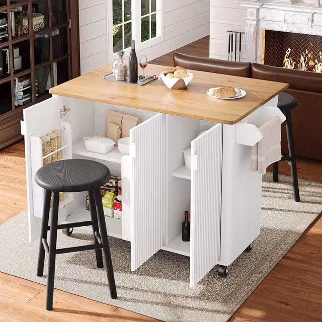 Isola cucina Xylo bianca con legno e 3 ante regolabili L: 130 cm, P: 45 cm, H: 92 cm – 1