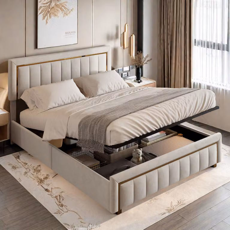 Letto imbottito ProximaX, letto a molle idrauliche 140x200cm con rete a doghe e contenitore, letto matrimoniale in legno letto per ragazzi in Pelle finta, beige