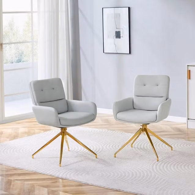 Set di 2 Sedie Girevoli in PU Grigio Caldo con Struttura in Metallo Dorato per Sala da Pranzo