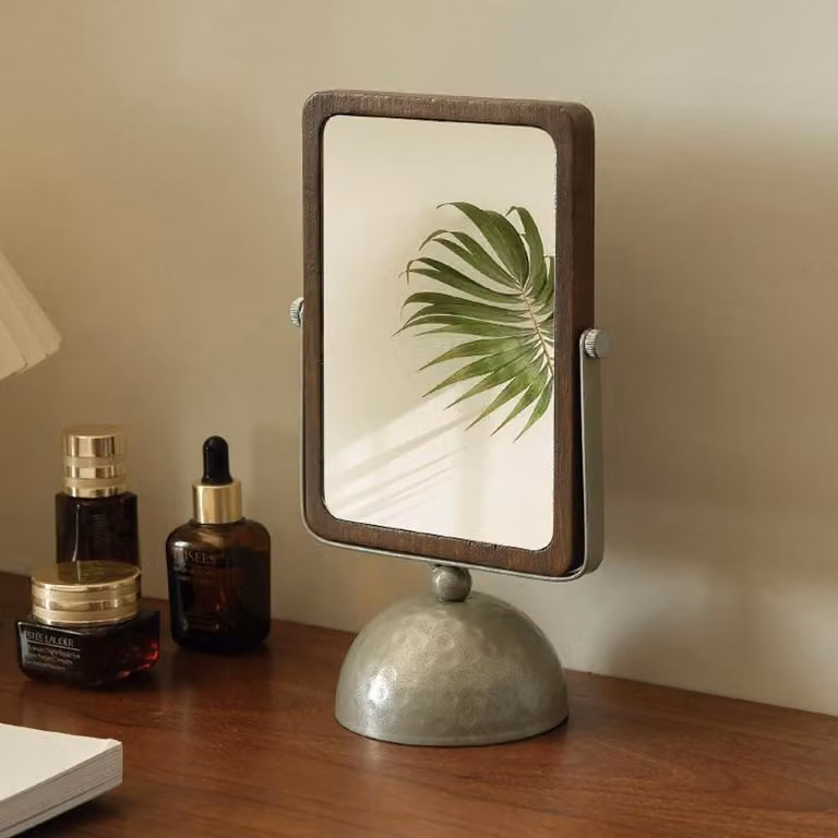 Omgoods - Specchio da tavolo in legno con supporto - Specchio da trucco retrò a forma ovale