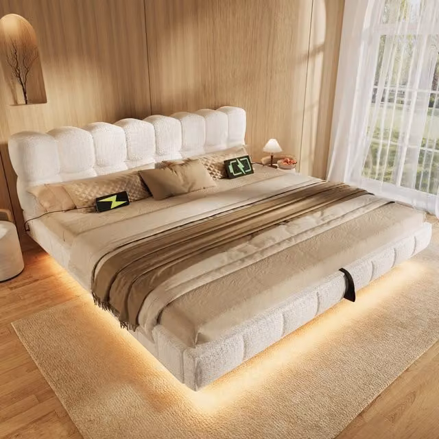 Letto contenitore 140 x 200 cm con USB/Type-C e LED, matrimoniale sospeso in ciniglia, design nuvola e contenitore idraulico, beige, struttura robusto