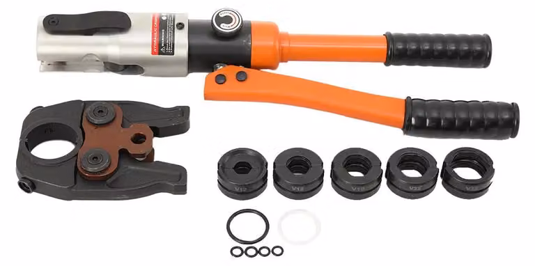 Attrezzo di pressatura idraulico per tubi in rame - Modello YYQ-WWHTJ-022 - 10 tonnellate - 5 matrici a V per tubi V12/V15/V18/V22/V28 - Corsa di 20 mm - Acciaio legato