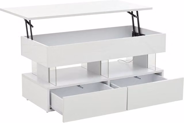 Tavolino da salotto 100x50x46 cm con piano regolabile, doppio cassetto e LED, MDF e acrilico bianco lucido