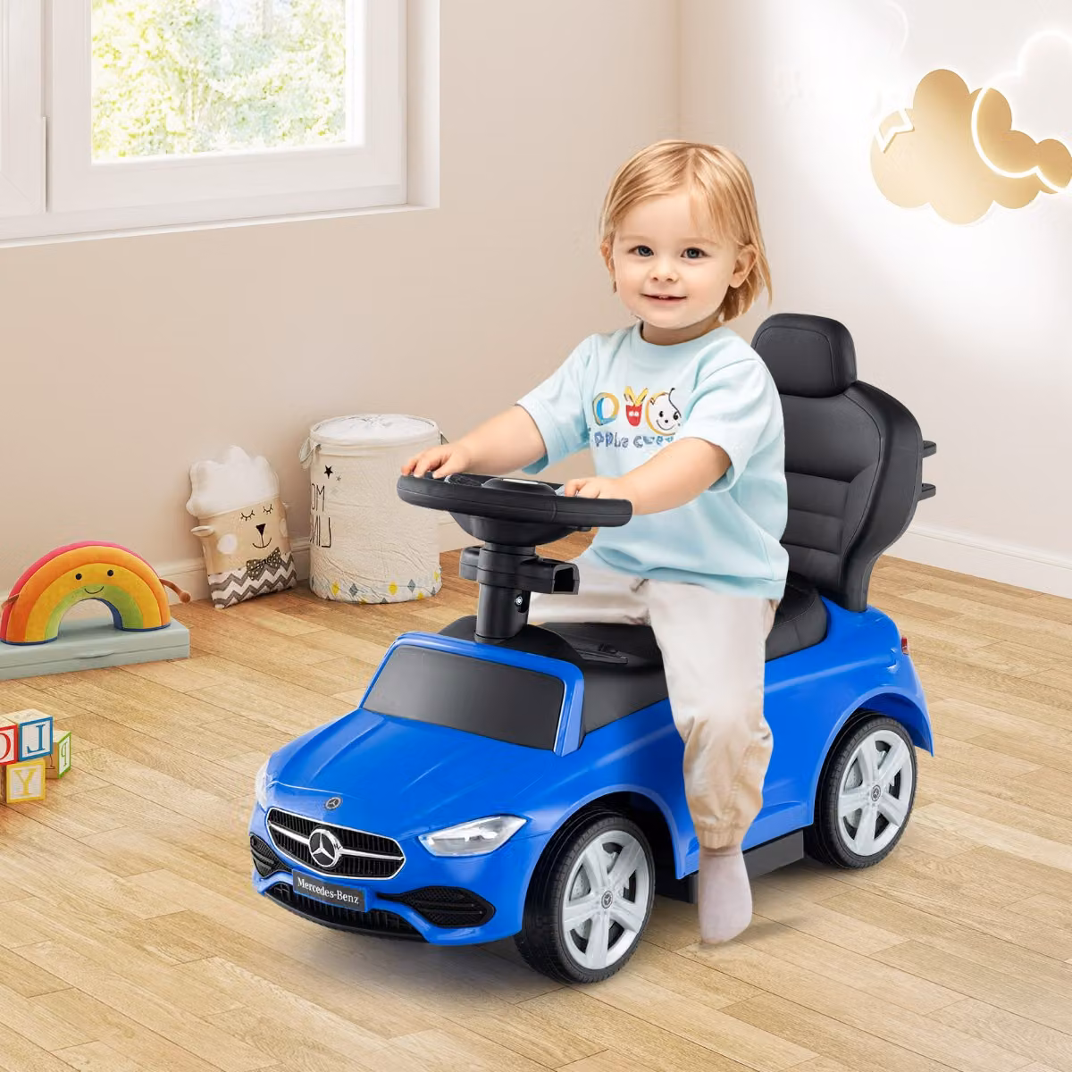 Auto a spinta 3 in 1 Mercedes-Benz ufficiale Costway con schienale regolabile, Blu