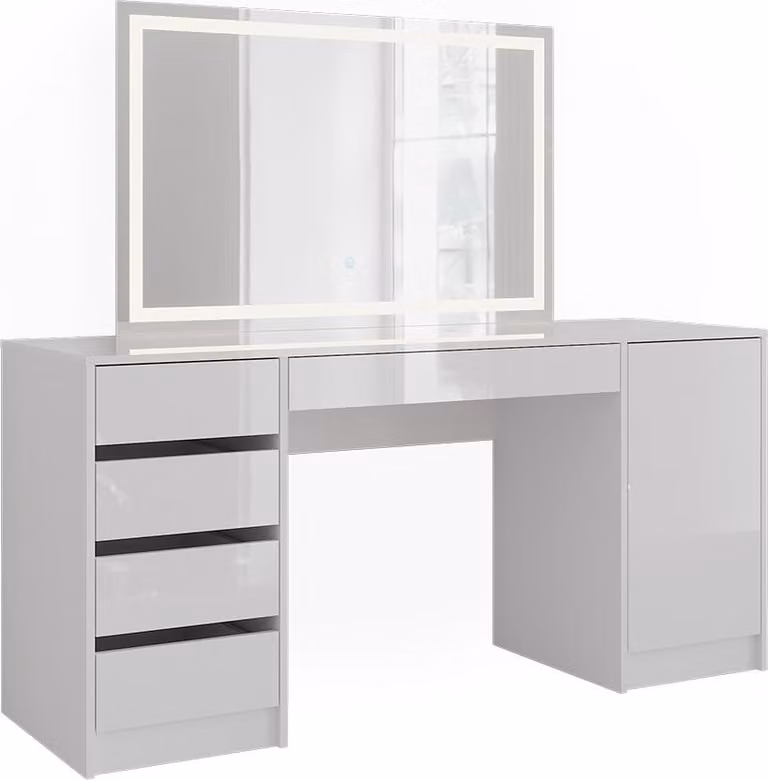 Tavolo da toeletta Vicco Sherry Bianco/Bianco lucido 158.2 cm con specchio a LED, Model 57671
