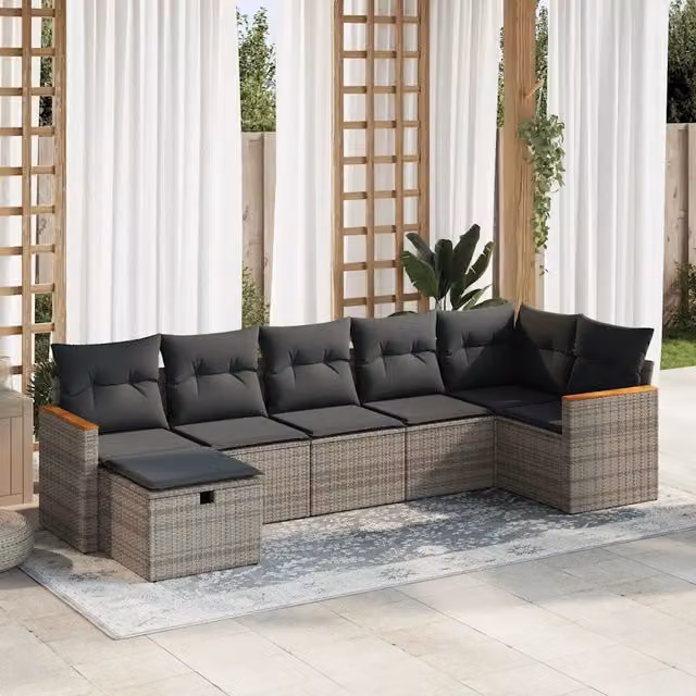 Set Divani da Giardino 7 pz con Cuscini Grigio in Polyrattan 3325931