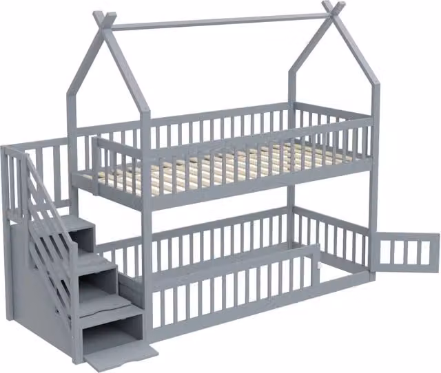 Letto a Castello per Bambini 90x200 cm in Legno Massello con Tetto, Scala Sicura e Cassetti Contenitori, Grigio