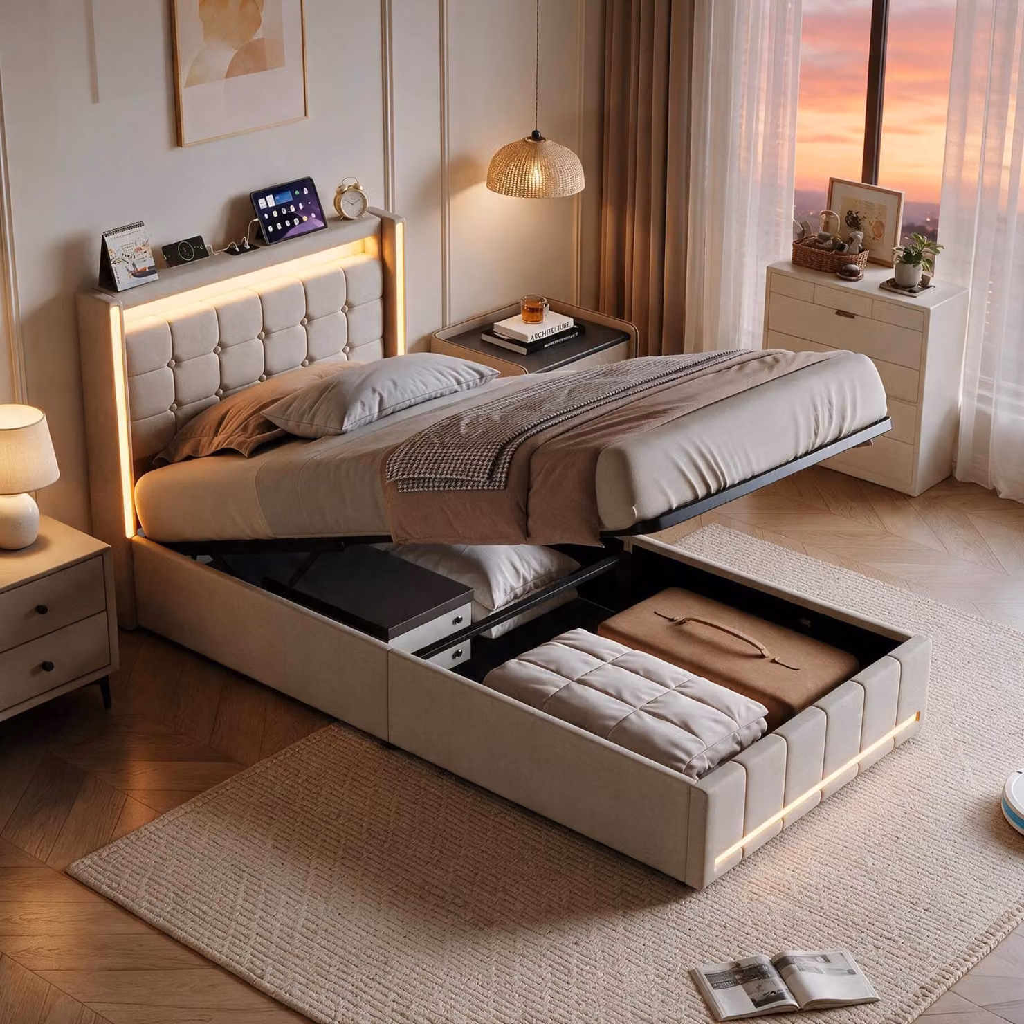 Letto imbottito INONEFT 90x200 con spazio contenitore, letto per ragazzi con LED e USB/Tipo C, letto con sistema di sollevamento idraulico per lo spazio contenitore, letto singolo con rete a doghe, tessuto in lino, color beige