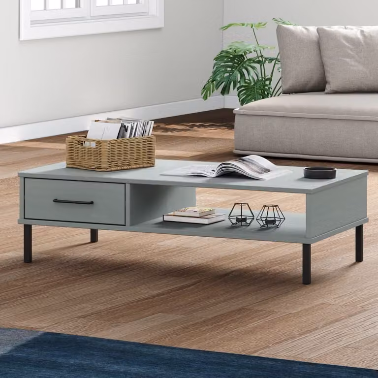 The Living Store Tavolino OSLO con gambe in metallo Legno di pino massiccio grigio