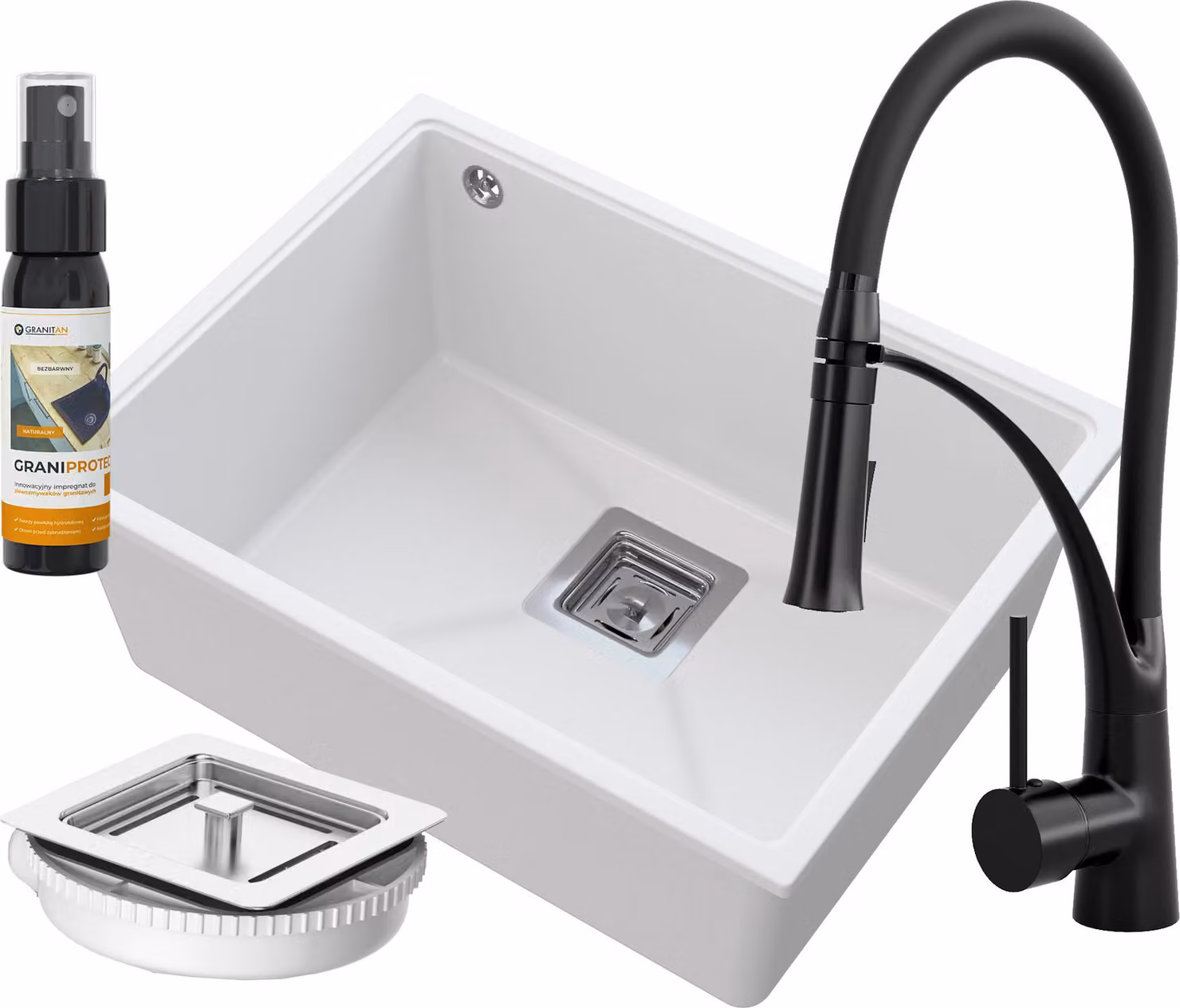 Granitan - Lavello da incasso - Lavello in granito - con rubinetteria, sifone e accessori - Lavello da cucina