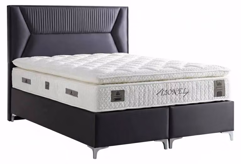 Letto con materasso in stile moderno, rivestimento in tessuto nero, con contenitore