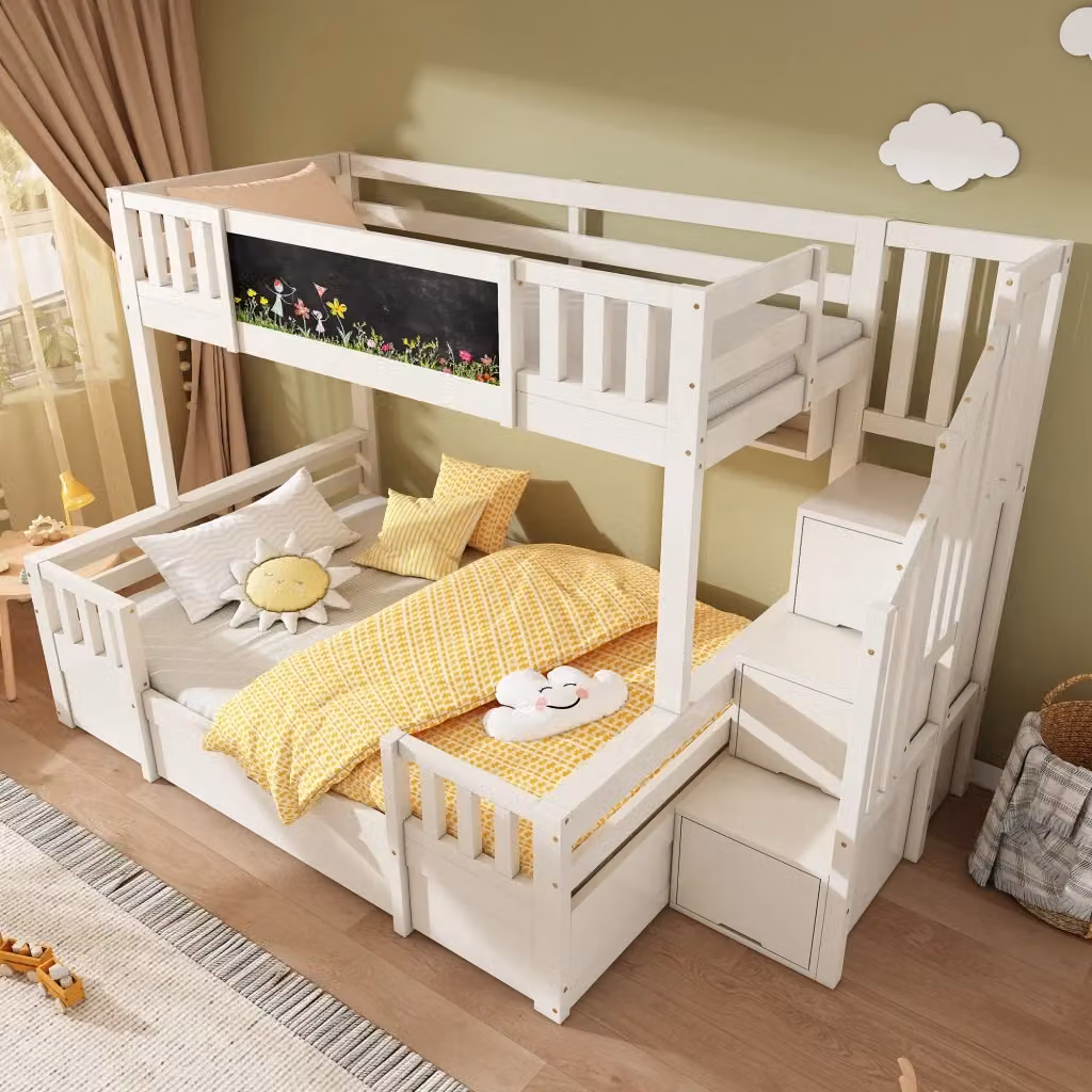 Letto a castello per bambini REDOM in legno e metallo bianco con struttura a casetta, scala con gradini e cassetti, L/P/H: 200 x 90 x 145 cm – 2