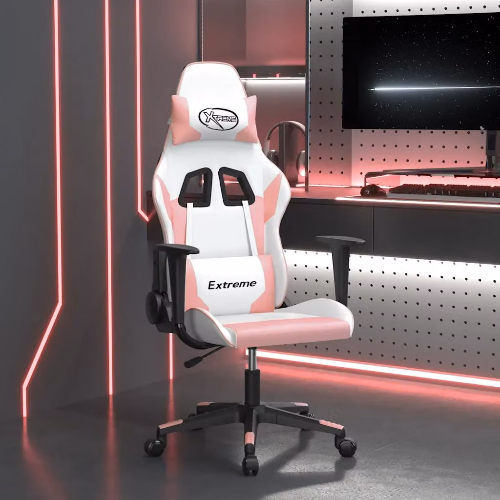 Sedia da Gaming Bianca e Rosa in Similpelle con Poggiatesta e Braccioli, Regolabile e Ruotabile 360 gradi – 2