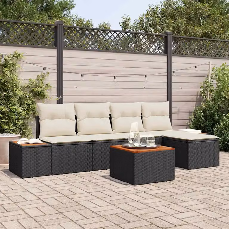 Set Divano da Giardino a L vidaXL 6 Pezzi con Tavolino e Ottoman Nero e Beige