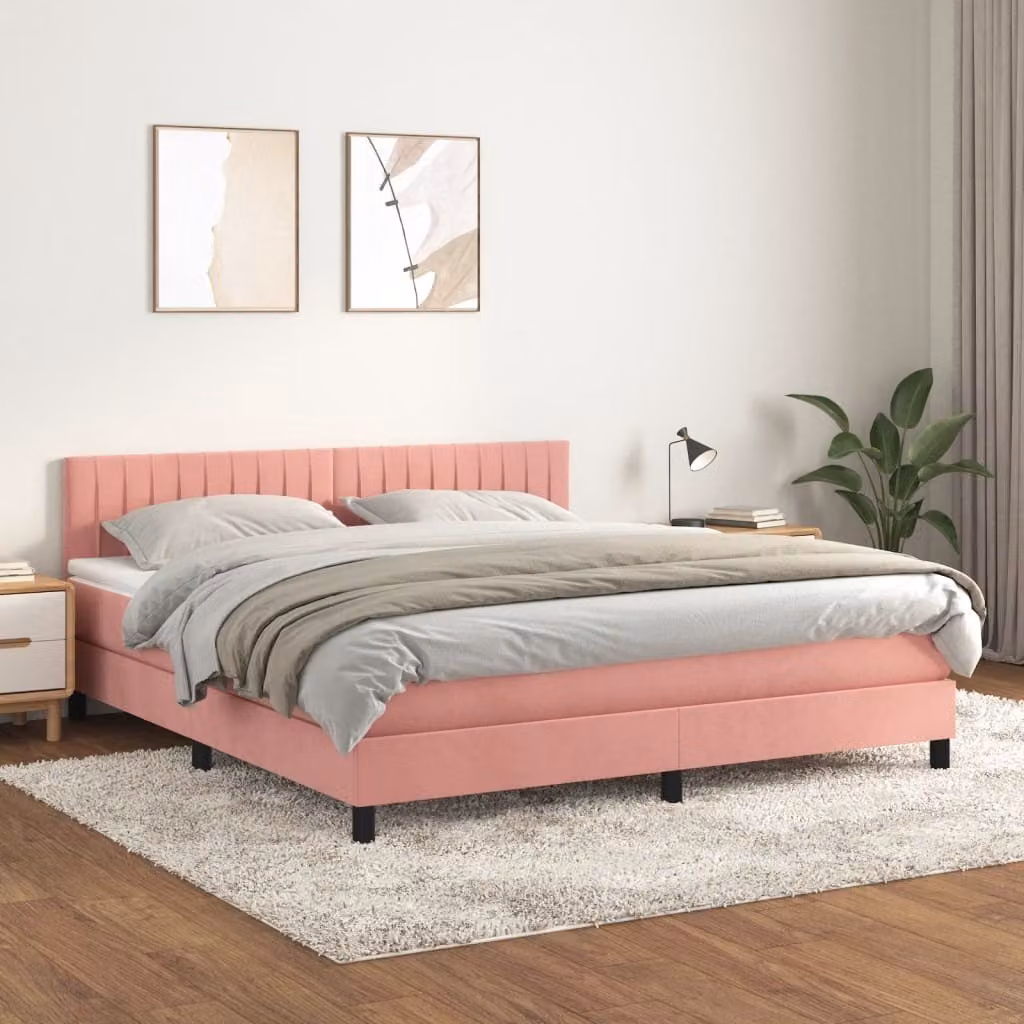 The Living Store Letto a molle con materasso rosa 160x200 cm in velluto