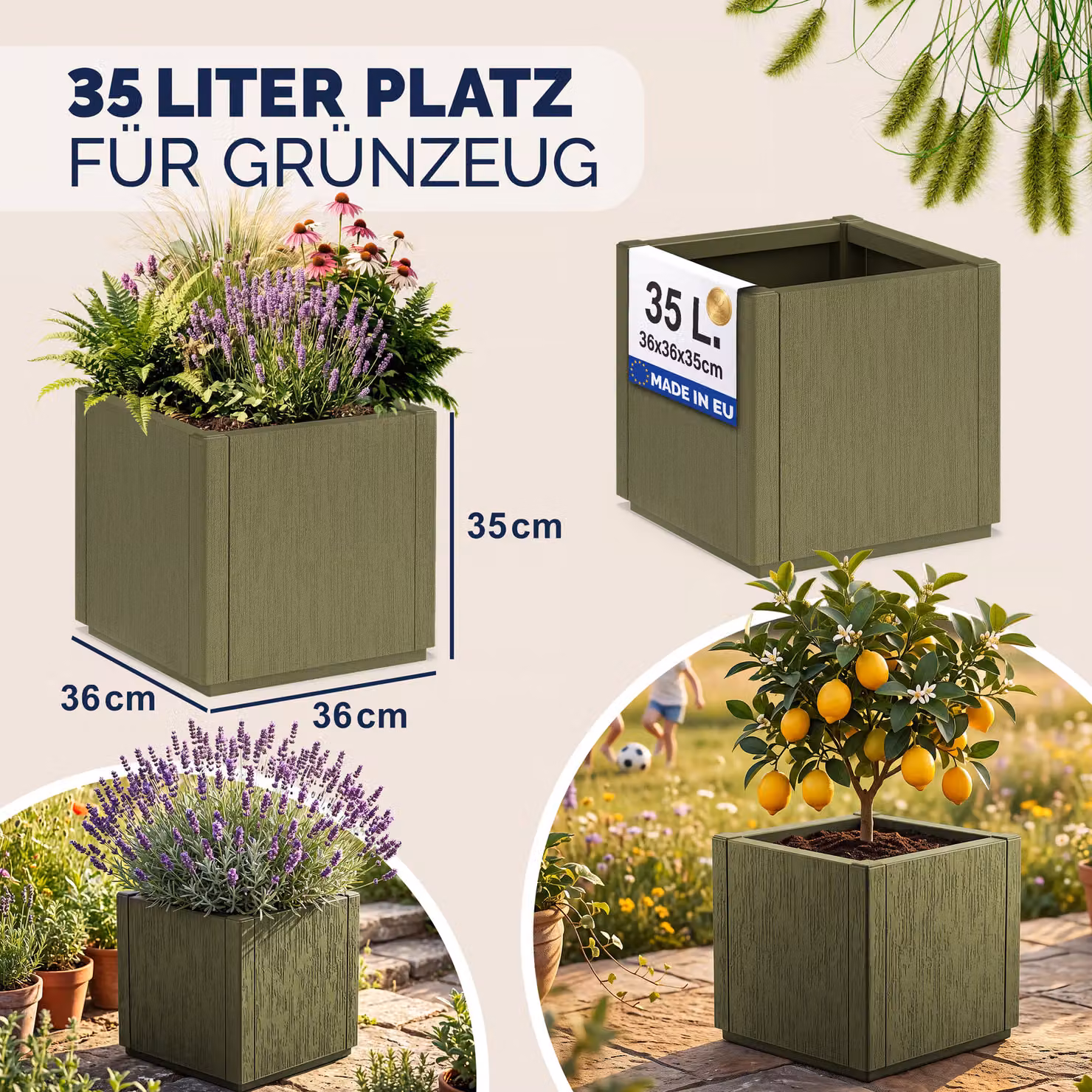 Set da 2 vasi CASARIA tub in plastica, colori antracite e verde, H: 80 cm, L: 36 cm, P: 36 cm – 2
