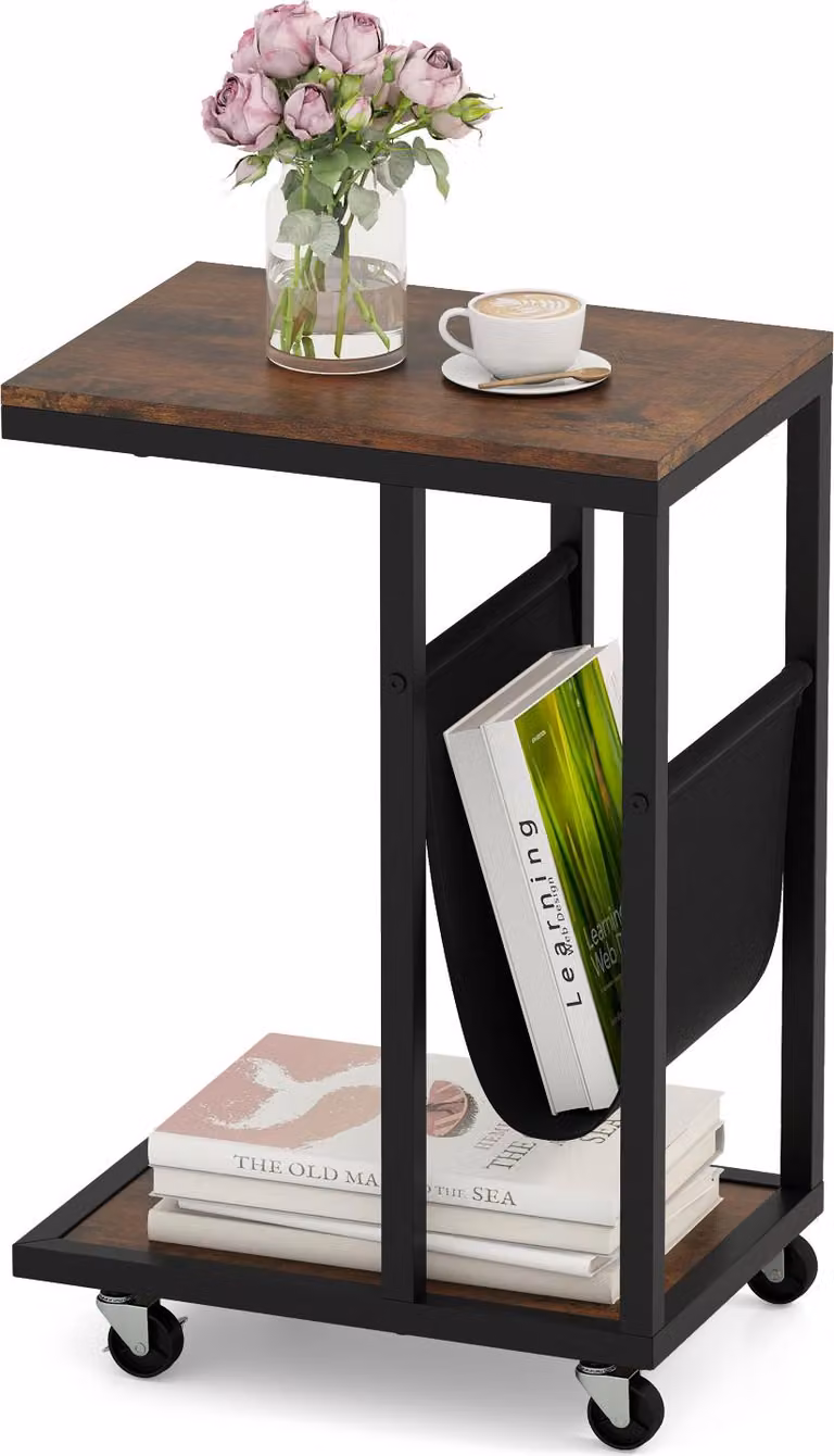 Tavolino con rotelle COSTWAY, tavolino da divano a C, tavolino con borsa portaoggetti e struttura in metallo, tavolino da salotto, tavolini da caffè, design industriale