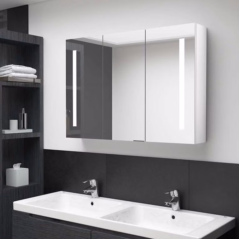 Armadietto da bagno con specchio e illuminazione LED vidaXL, Bianco lucido, L: 89 cm, P: 14 cm, H: 62 cm