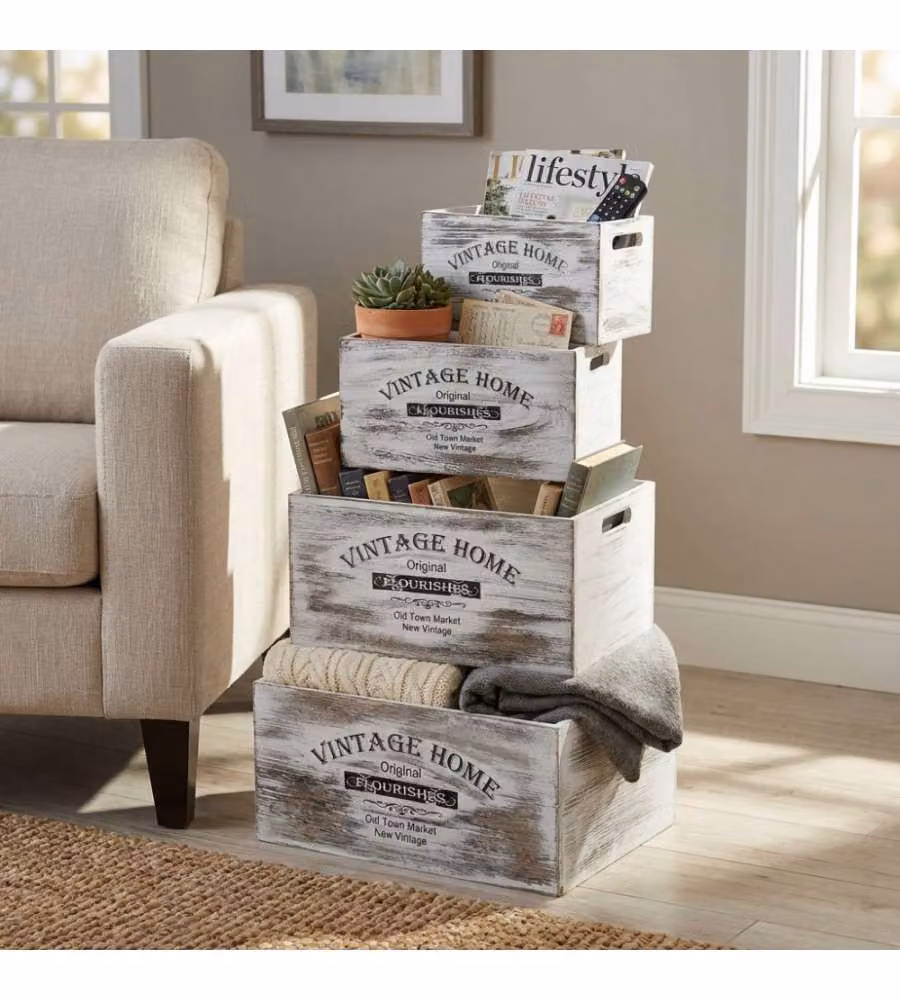 Cosma Set di 4 Cassette in Legno Bianco Shabby Chic - Rettangolari