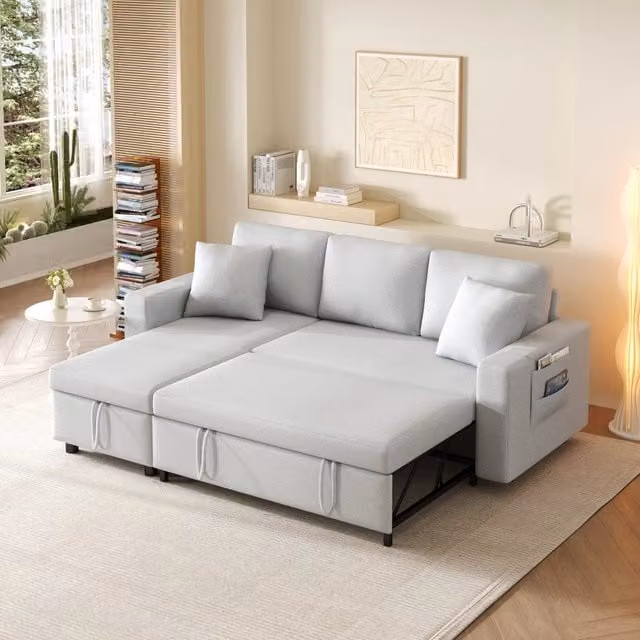 Divano letto angolare 3 posti con chaise longue reversibile e contenitore; effetto lino; grigio scuro