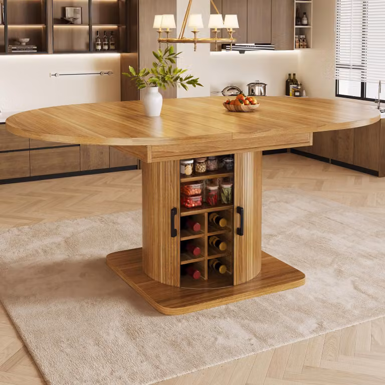 Flieks: tavolo da pranzo allungabile con vano portaoggetti, tavolo multifunzionale con ripiani rimovibili, tavolo da cucina 118-158 x 118 x 76 cm, marrone scuro