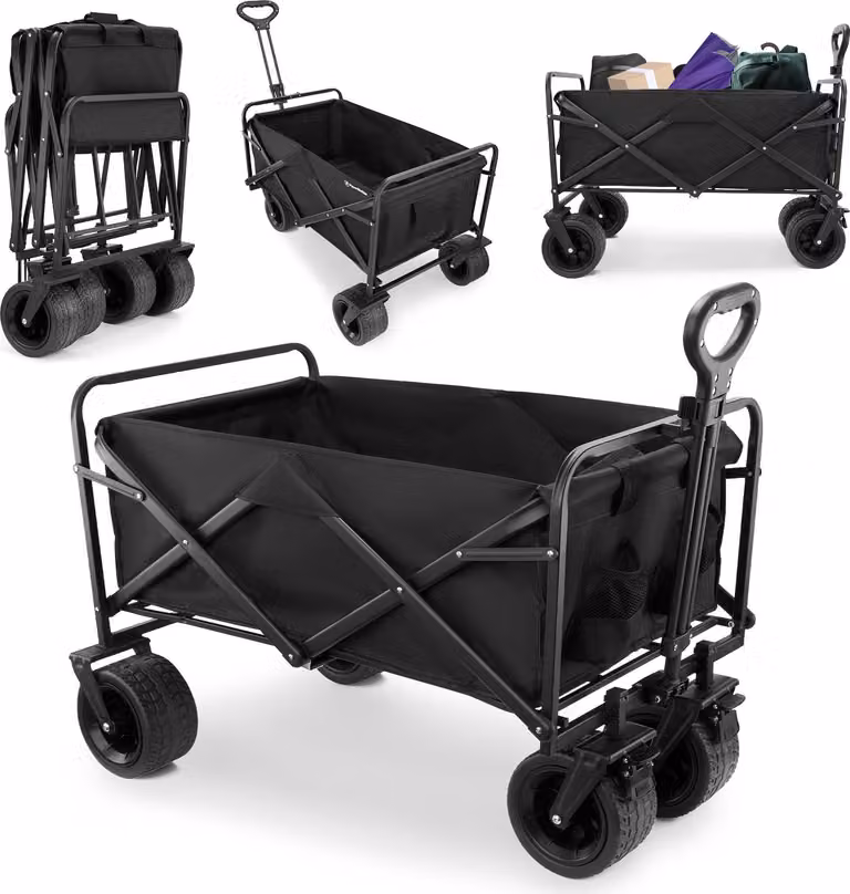 Carrello pieghevole HyperMotion Black - Capacità di carico fino a 120 kg - Carrello da trasporto per esterni per campeggio, spiaggia, shopping - Freni, ruote a 360°