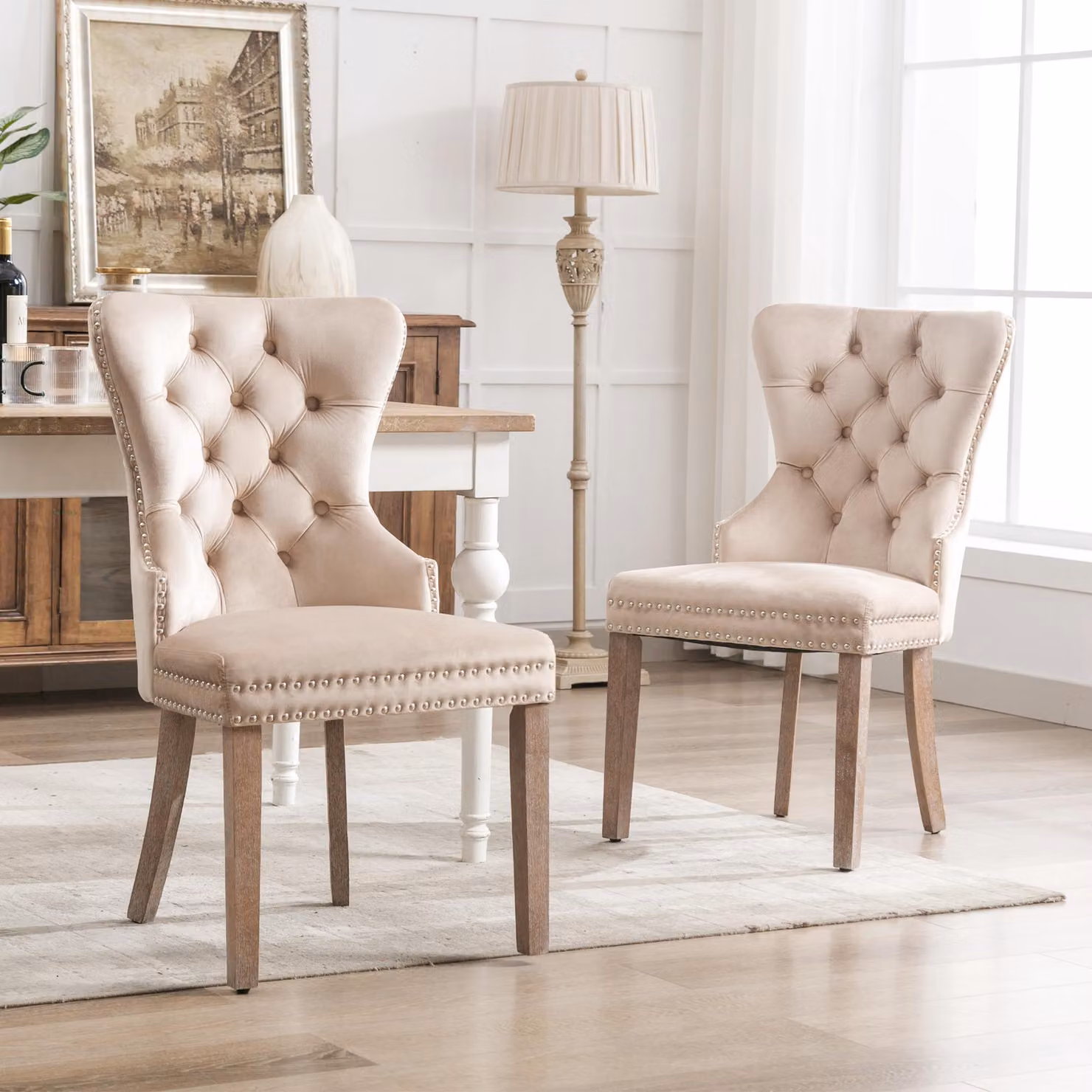 Sedia da pranzo Sweiko (sedia da cucina, sedia da soggiorno con battente unico sullo schienale, 2 pezzi), sedia imbottita con decorazioni a testa di chiodo, gambe in legno massiccio, rivestimento in velluto, beige