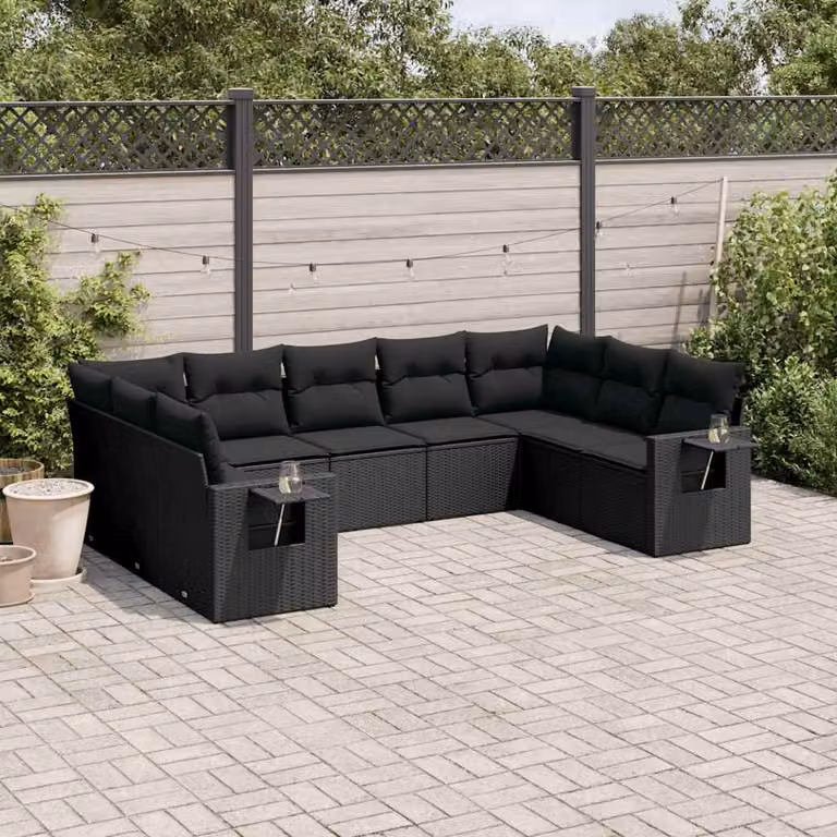 vidaXL Set Divani da Giardino 9 pz a Forma a U in Polyrattan Nero con Cuscini e Tavolino
