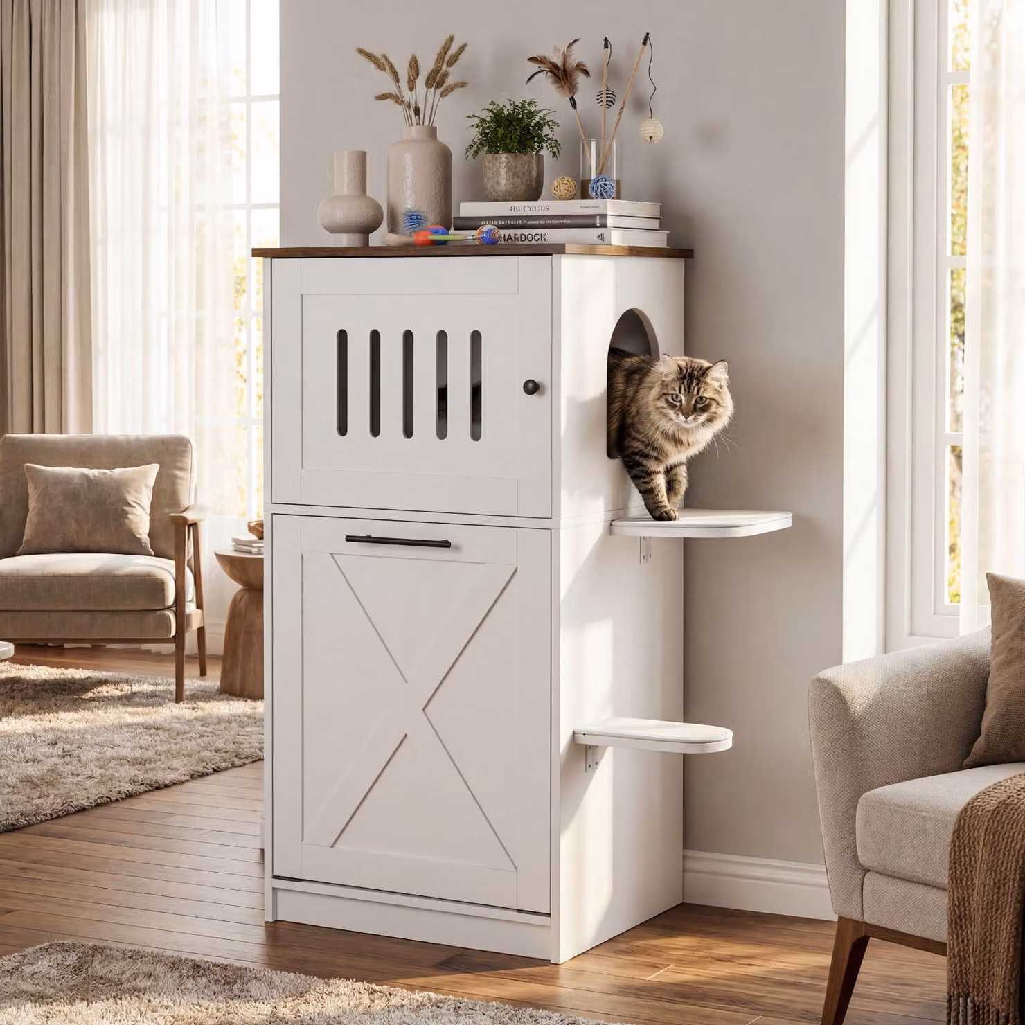 Costway Mobile lettiera per gatti con cuccia nascosta, armadietto ribaltabile, 2 trampolini e tiragraffi, colore bianco