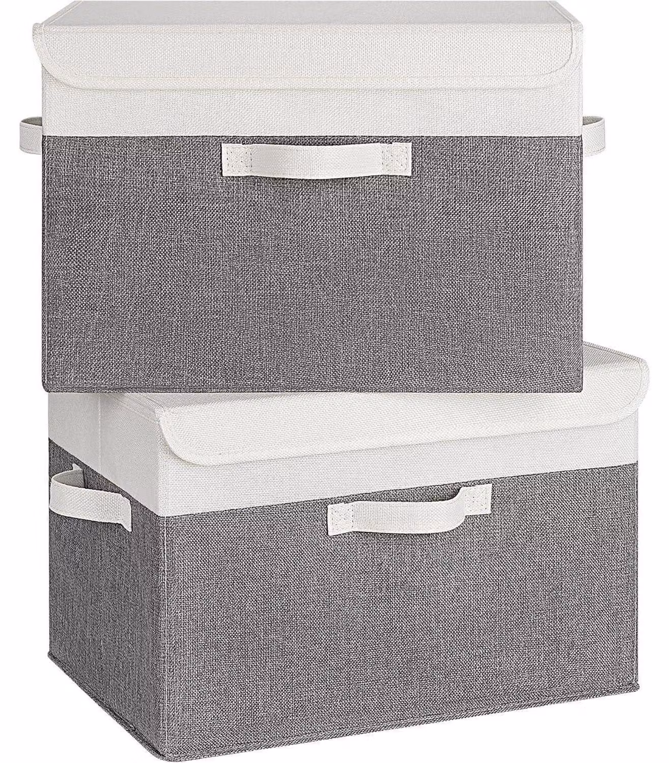 Scatole contenitore con coperchio, 2 pezzi, in tessuto, pieghevoli, colore bianco e grigio, dimensioni 43x30x29 cm