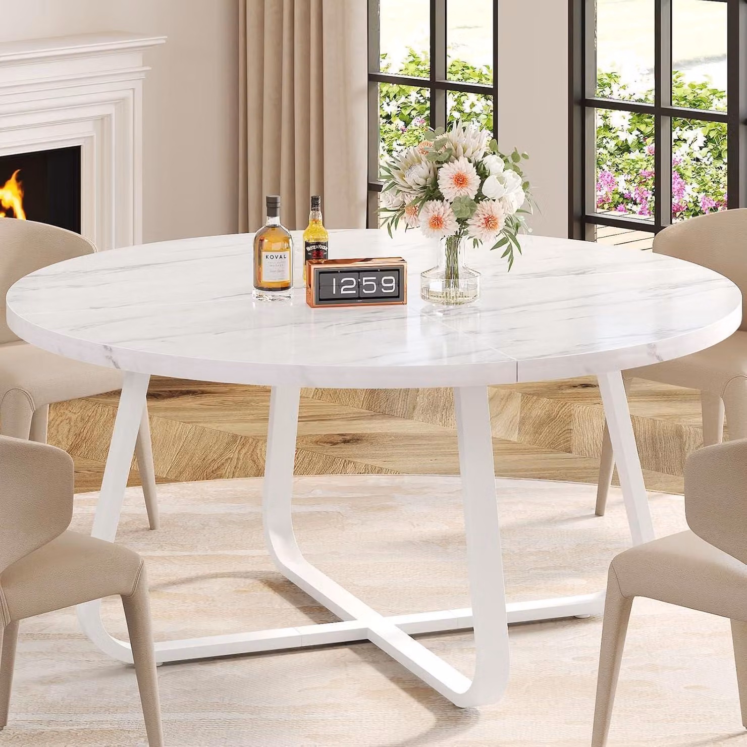 Tavolo da pranzo rotondo in finto marmo bianco 130 cm, tavolo da cucina 4-6 persone, piedistallo metà secolo