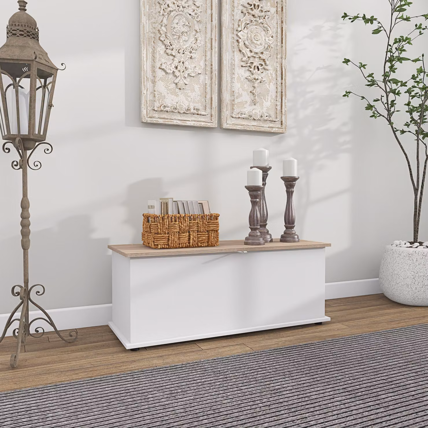 Panca Contenitore Multiuso HOMCOM in Legno Bianco per Ingresso, Camera o Soggiorno, L 100 x P 40 x H 40 cm – 2