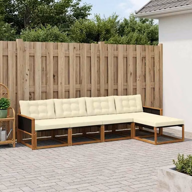Set di divani da esterno vidaXL a forma di L composto da 5 pezzi in legno di acacia con cuscini in tessuto beige e crema