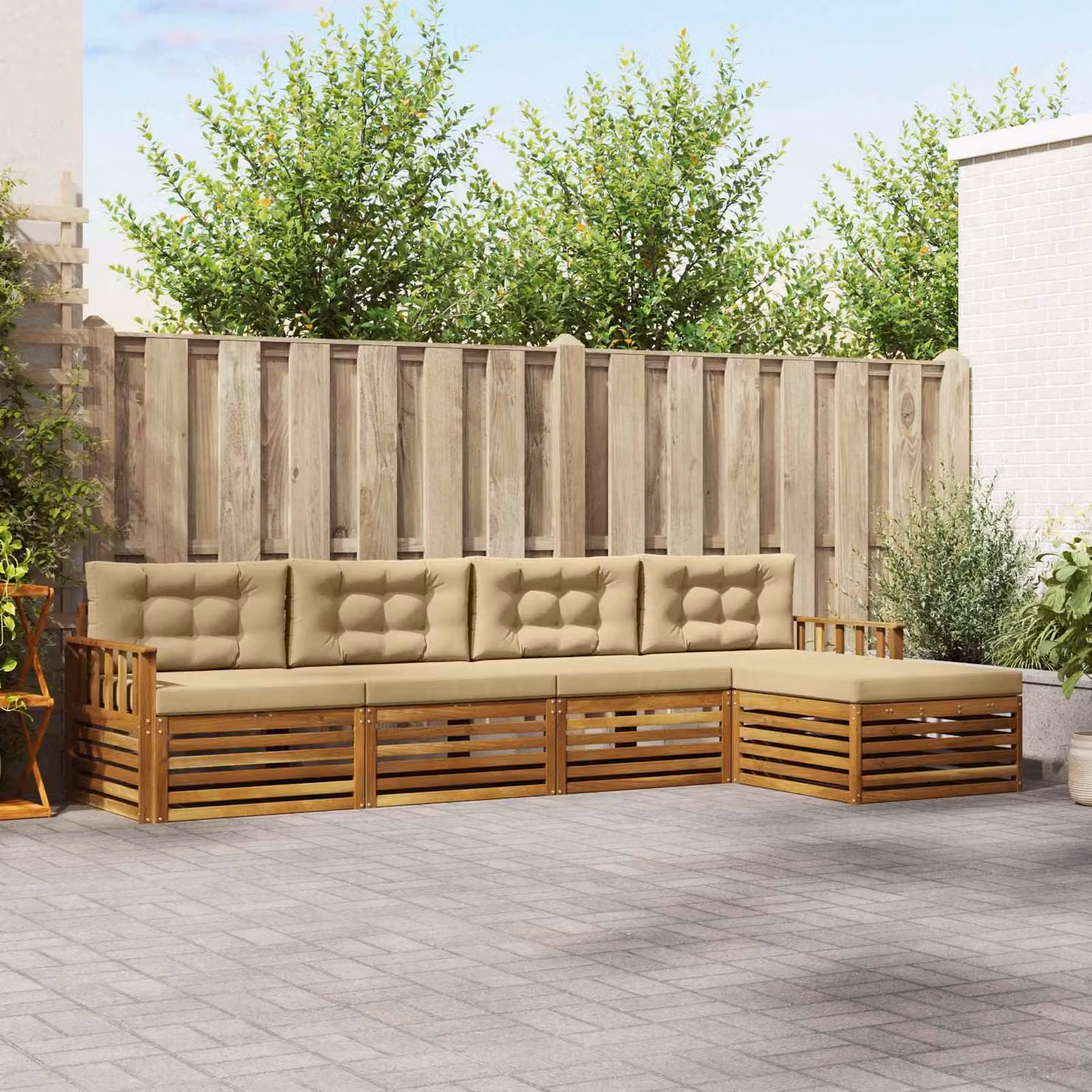 Set di divani da esterno vidaXL a forma di L in legno di acacia con pouf e cuscini, Beige e Marrone