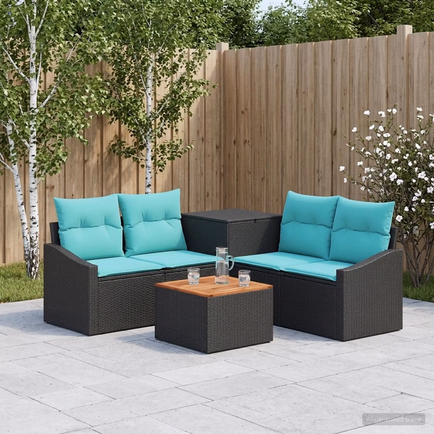 Set di divani da giardino vidaXL 6 pezzi in rattan e acciaio nero e blu con cuscini e tavolino da caffè