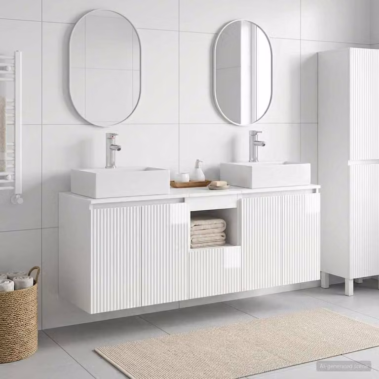 Set di mobili da bagno moderno vidaXL in bianco lucido composto da 3 pezzi, L: 129 cm, P: 41 cm, H: 79.5 cm