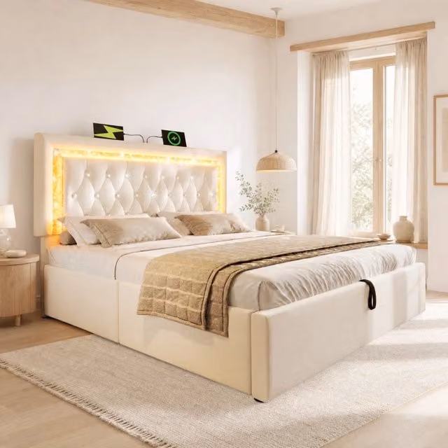 Letto con contenitore 140x200 cm in velluto beige, LED integrato e ricarica USB/Type-C